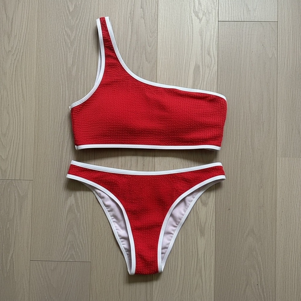 Red Textured One Shoulder Bikini Set High Cut Contrast Trim Sporty Swimsuit L